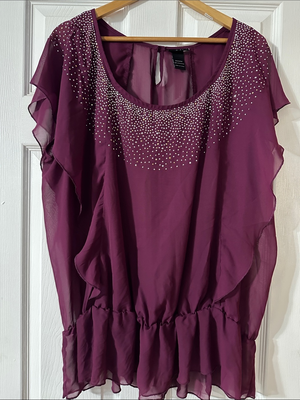 Lane Bryant Plum Chiffon Blouson Top with Rhinestone Detail